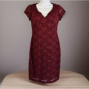 Party Lace Sheath Dress 6 Red Sequins Knee Length V-neck Cap Sleeve Wiggle Sexy